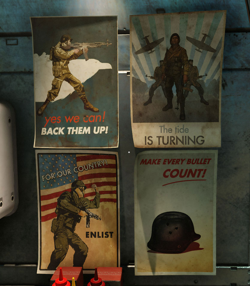 These vintage posters, from the 1940s (the game is set in the 1960s), can be seen in the dining hall of the resistance’s new home, a hijacked German super-submarine.